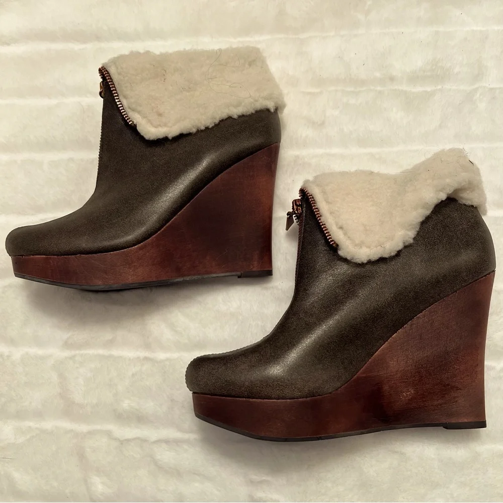NEW Matt Bernson Brown Leather Zip Wedge Heel Bootie w/ Faux Sherpa Trim